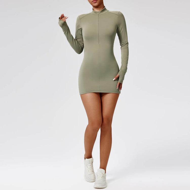 Fitness Bodysuit Sportswear Gym Set Women Clothes Jumpsuit Long Sleeved Workout Short Skirt Push Up One-piece Zipper Yoga Suit Khamik Shop Online