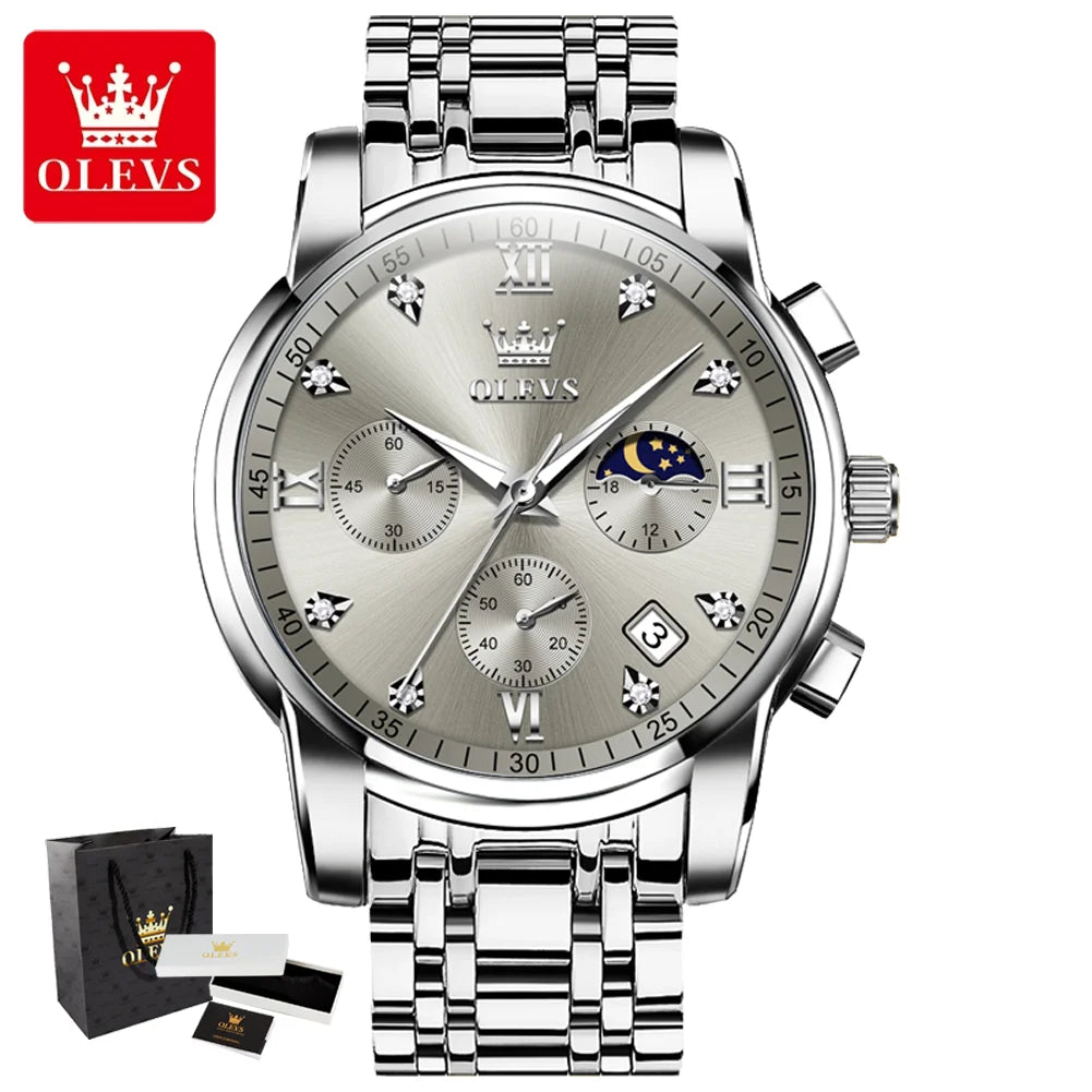 OLEVS 2858 Quartz Watch for Men Classic Three Eye Chronograph Small Dial 24 Hour Moon Phase Luxury Original Men&