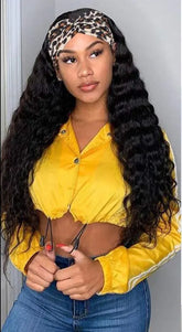 Headband Wig Deep Wave Human Hair Scarf Wig No GLUE Easy Wear Cerise Alfie