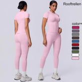 Rooftrellen New 2PCS/set Yoga Set Summer Quick Drying Fitness Sports Workout Top T-Shirt High Stretch Seamless Yoga Leggings Set Khamik Shop Online