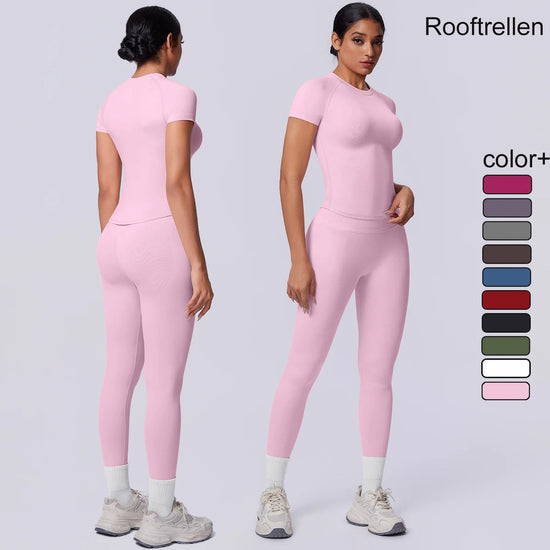 Rooftrellen New 2PCS/set Yoga Set Summer Quick Drying Fitness Sports Workout Top T-Shirt High Stretch Seamless Yoga Leggings Set Khamik Shop Online