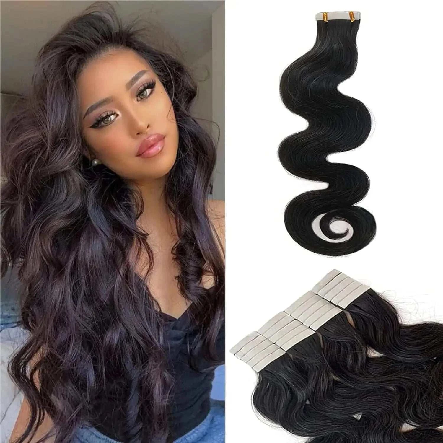Body Wave Tape In Hair Extensions Natural Black 100% Human Hair Curly Wavy Skin Weft Invisible Full Head Tape ins Hair 20Pcs 50G Khamik Shop Online