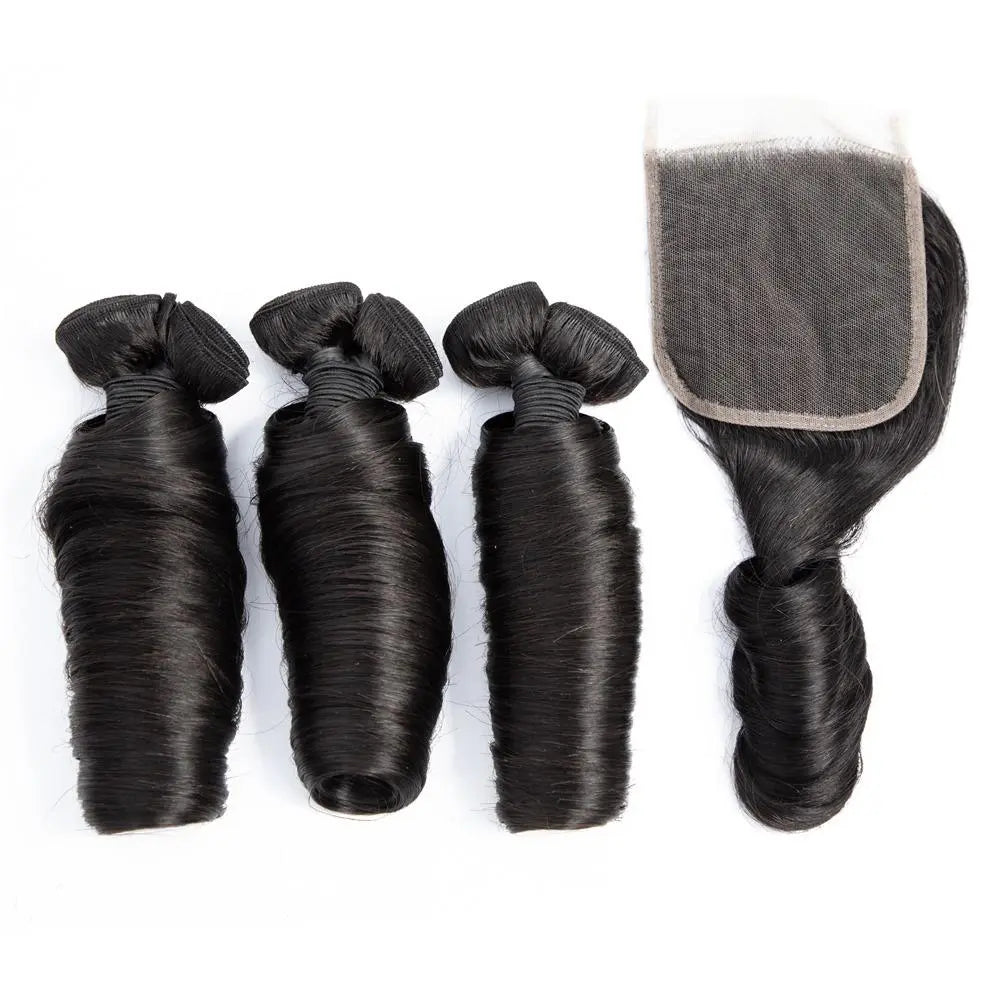 10A Grade 3/4 Straight Bouncy Curl Fumi Human Hair bundles with 4x4 Cl Cerise Alfie