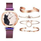 Women Fashion Watches Quartz Wristwatch Purple Mesh Belt Cat Dial Carmine Medusa