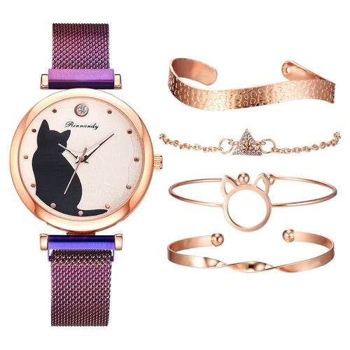 Women Fashion Watches Quartz Wristwatch Purple Mesh Belt Cat Dial Carmine Medusa