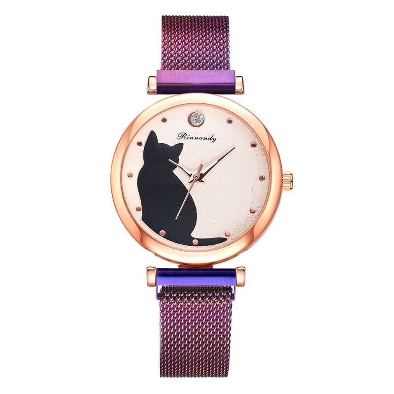 Women Fashion Watches Quartz Wristwatch Purple Mesh Belt Cat Dial Carmine Medusa
