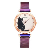 Women Fashion Watches Quartz Wristwatch Purple Mesh Belt Cat Dial Carmine Medusa