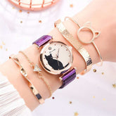Montre femme quartz avec cadran chat et bracelet maille violet en alliage, affichage analogique.