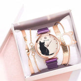 Women Fashion Watches Quartz Wristwatch Purple Mesh Belt Cat Dial Carmine Medusa