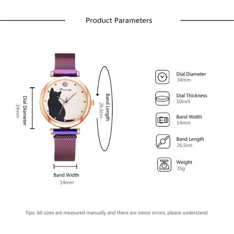 Women Fashion Watches Quartz Wristwatch Purple Mesh Belt Cat Dial Carmine Medusa