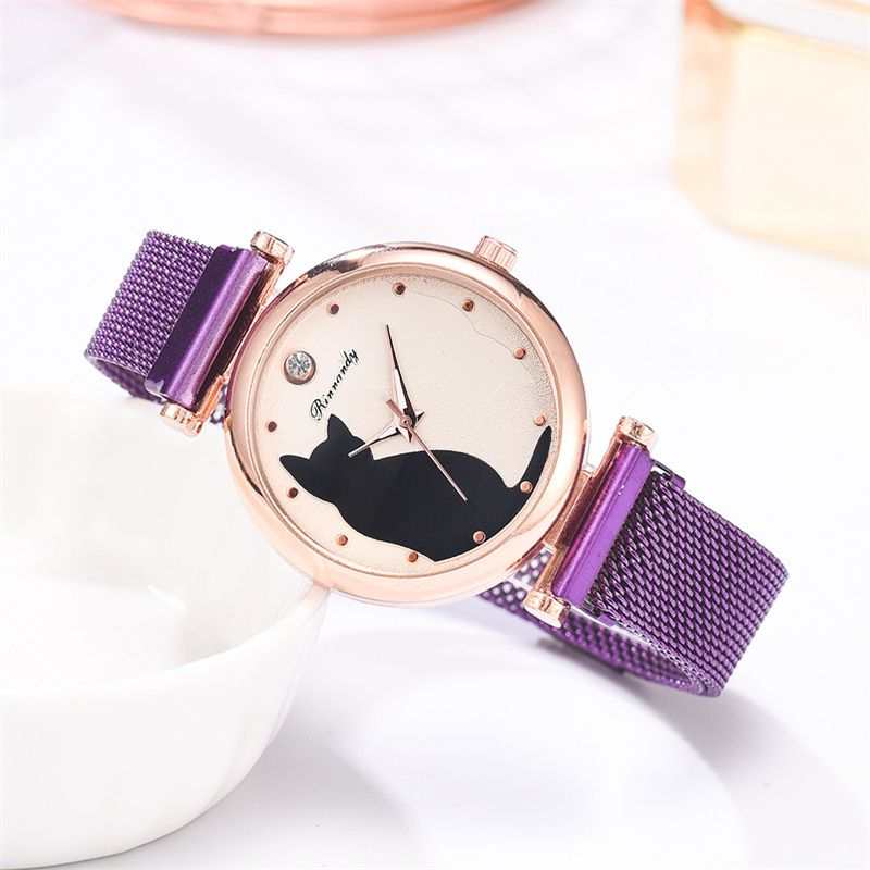 Women Fashion Watches Quartz Wristwatch Purple Mesh Belt Cat Dial Carmine Medusa