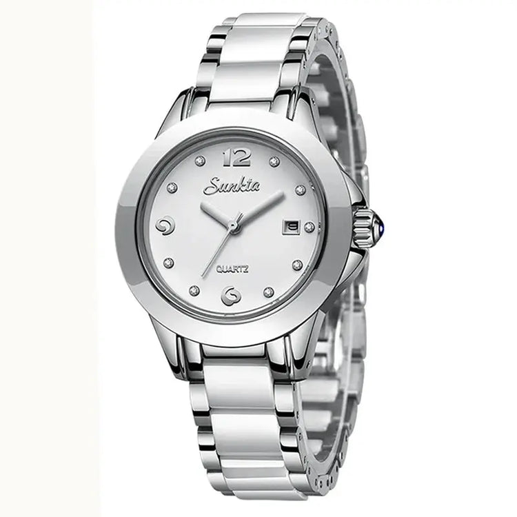 Sunkta Fashion Casual Quartz Woman Watch Elegant Luxury Ceramics Diamond Calendar Waterproof Ladies Women&