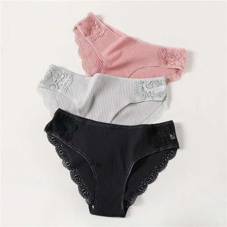3PCS/Set 6 Color Women Panties Cotton Lace Briefs Solid Color for Female Striped Sexy Cotton Underwear Lingerie Low Waist Flower Khamik Shop Online