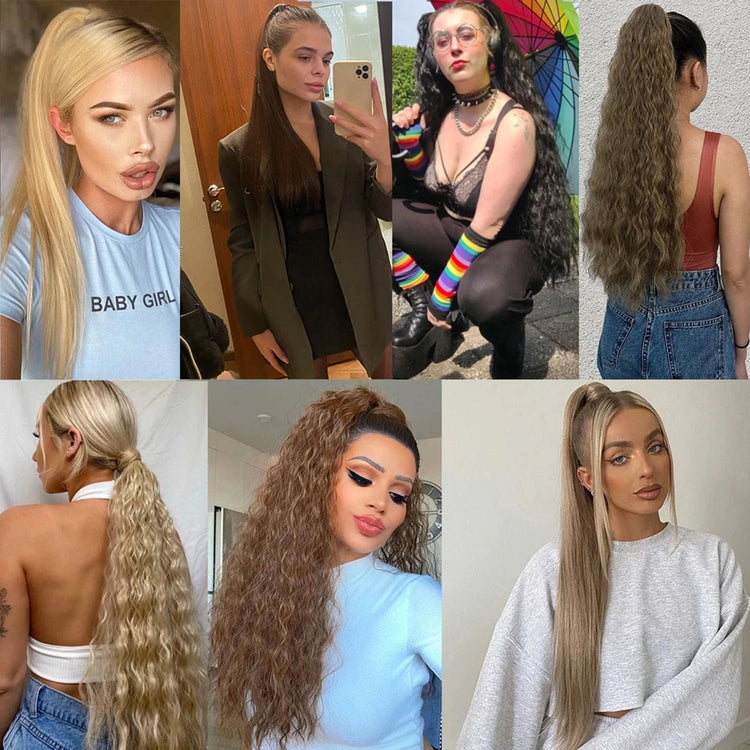 Straight Long Ponytail Extensions 22inch Natural Black Wrap Around Synthetic Hair Piece Pony Tail Hair Hairpieces for Women Girl Khamik Shop Online