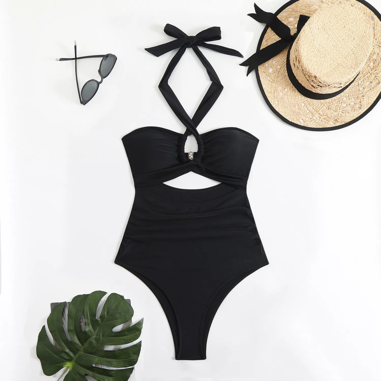 Women Swimsuit Halter Neck Solid Swimsuit Backless Waist Cinching Bathing Suit Ruched Bust High Cut Swimwear Black Woman Khamik Shop Online