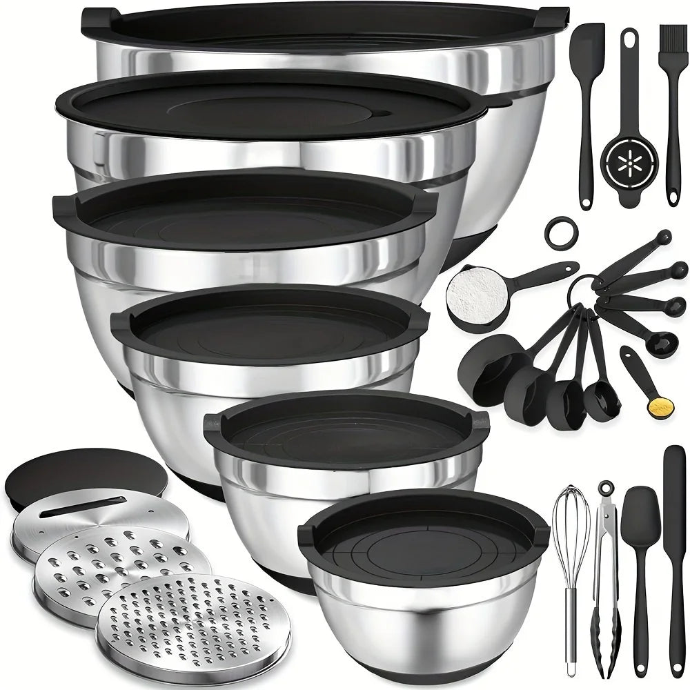 17pcs, Stainless Steel Mixing Bowl Set Mixing Bowls With Lids Grater Attachment, Non-Slip Kitchen Gadget Set, Mixing And Serving Khamik Shop Online