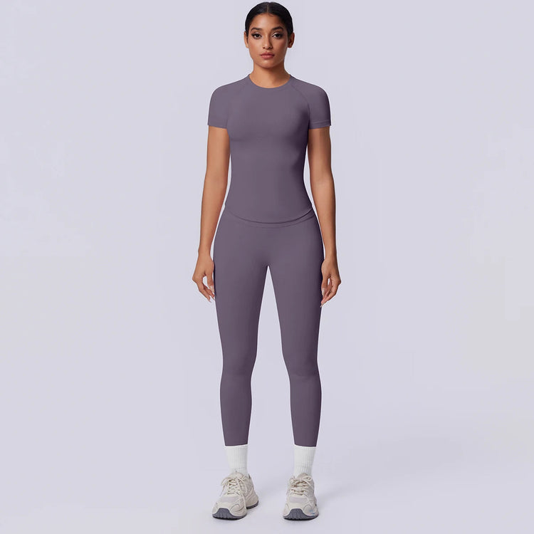 Rooftrellen New 2PCS/set Yoga Set Summer Quick Drying Fitness Sports Workout Top T-Shirt High Stretch Seamless Yoga Leggings Set Khamik Shop Online
