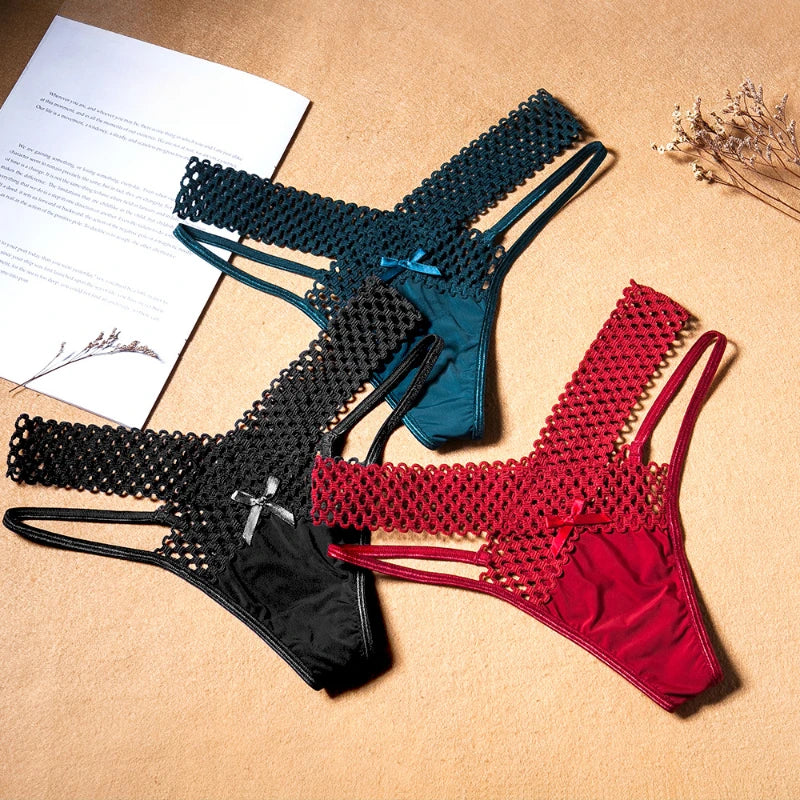 2024 Women'S Panties Cross Cut Ice Silk Thong Sports Fashion Perspective Low Waist Ribbons Трусы Женские Sexy Lingerie Thongs