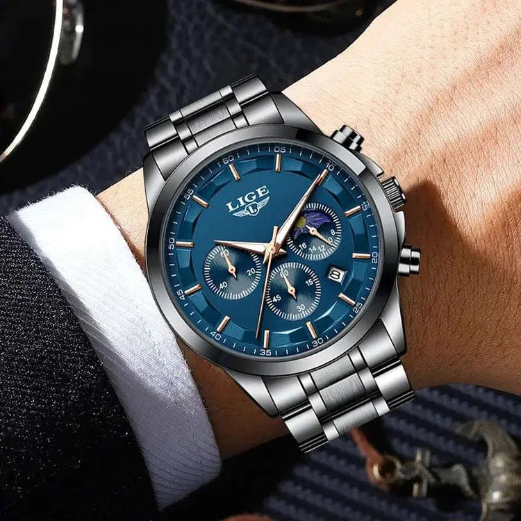 LIGE Luxury Fashion Quartz Man Watch Classic Business Auto Date Gentlemen Steel Band Moon Phase Waterproof Watches for Men Male Khamik Shop Online