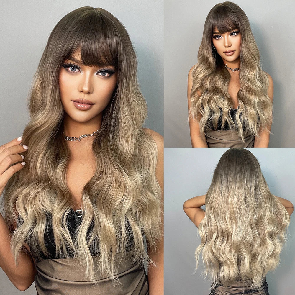 LOUIS FERRE Long Wavy Ombre Brown Wig with Bangs Synthetic Hair Wig Heat Resistant Daily Wear Office Party Cosplay Halloween Khamik Shop Online