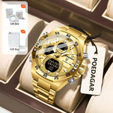POEDAGAR Sport Men Watch LED Waterproof Week Date Digital Wristwatch Stainless Steel Quartz Military Men&