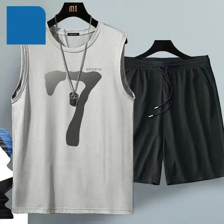 Summer sleeveless basketball jersey, casual wear, breathable short-sleeved two-piece sports shirt + running shorts Khamik Shop Online