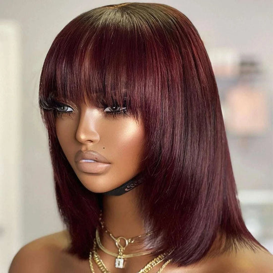 Perruque courte bob avec frange en cheveux humains lisses densité 400 pour femmes
