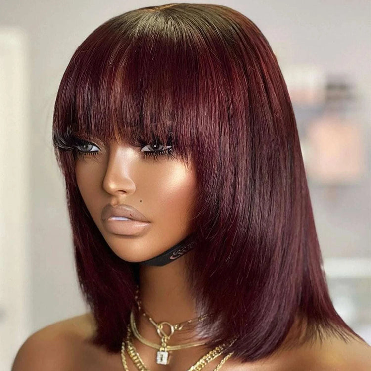 Perruque courte bob avec frange en cheveux humains lisses densité 400 pour femmes