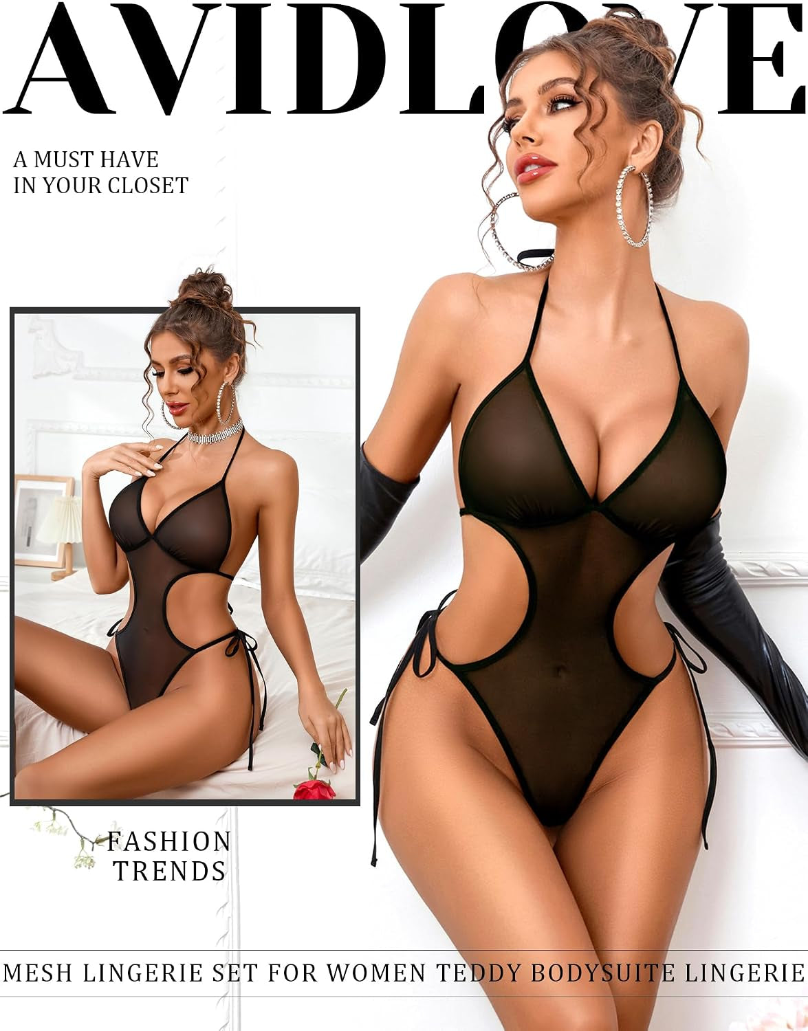 Sexy Lingerie for Women Lace Bodysuit Deep V Teddy Mesh Bodysuit