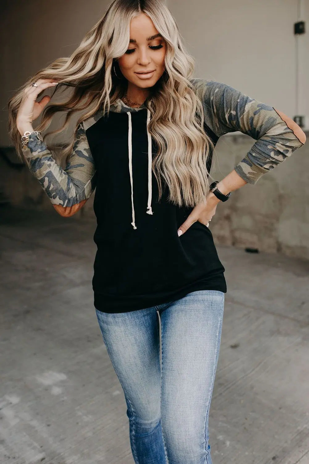 Camo Print Patchwork Hoodie Jade