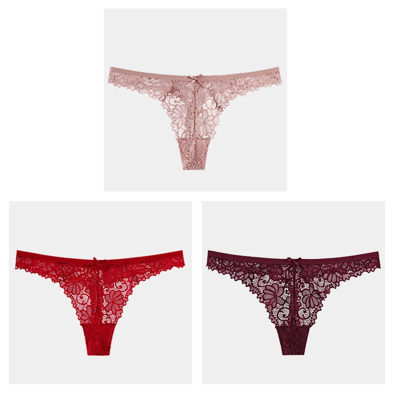 3Pcs/Lot Sexy Lace Thong Low Waist Lace Transparent Panties Women Hollow Out Breathable G String Briefs Bow Underwear Lingerie