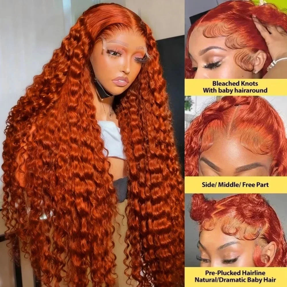 200% Density Ginger Orange Deep Wave Human Hair Wig 13x6 Hd Lace Front Human Hair Wig 