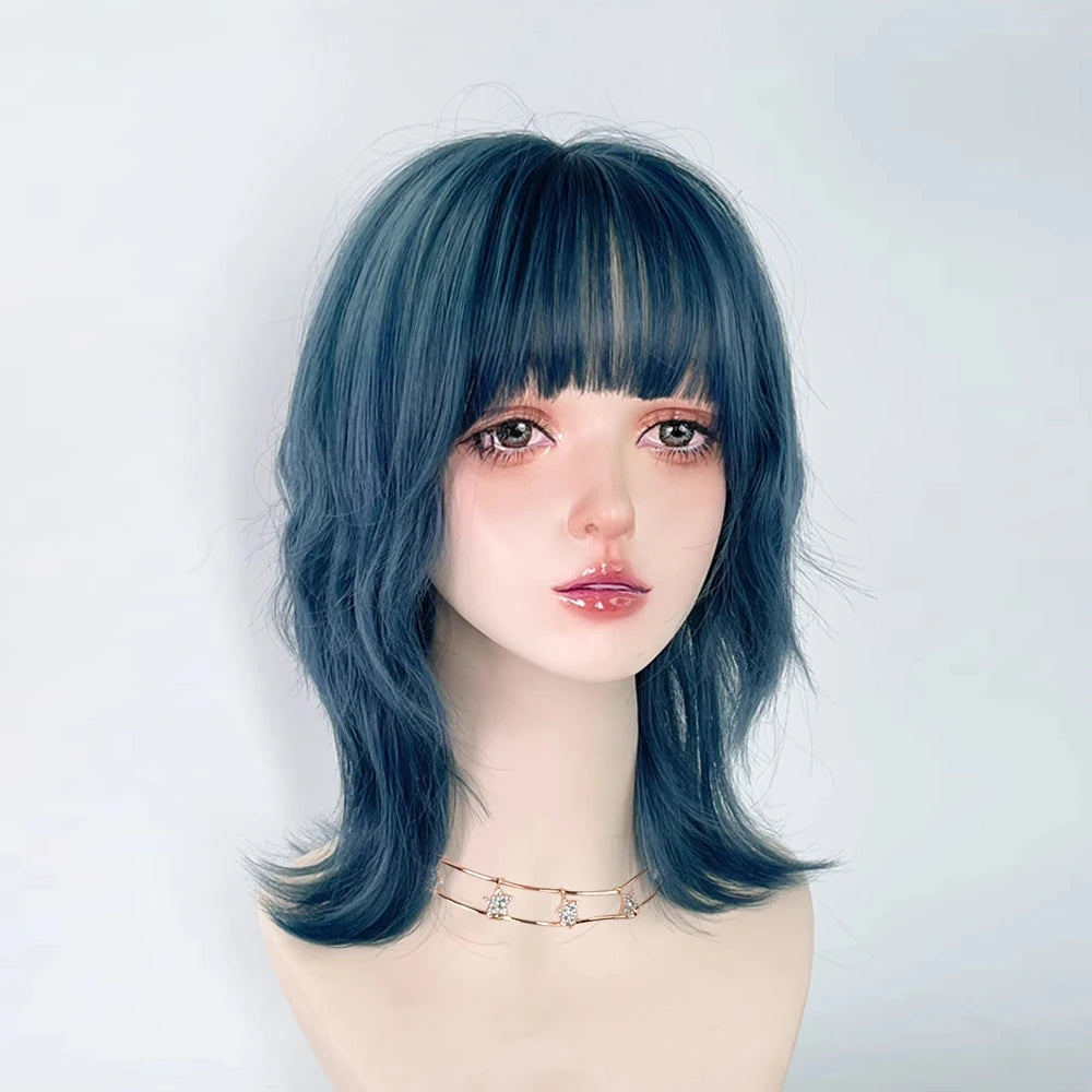 Synthetic Short Curly Blue Mullet Head Wig With Bangs Women Cosplay Anime Realistic Fake Hair For Daily Party Khamik Shop Online