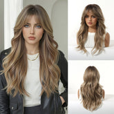 LOUIS FERRE Long Wavy Ombre Brown Wig with Bangs Synthetic Hair Wig Heat Resistant Daily Wear Office Party Cosplay Halloween Khamik Shop Online