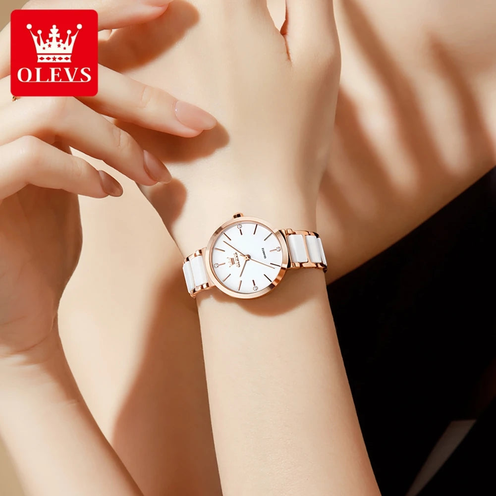 OLEVS Women Watch 5877 Luxury Elegant Quartz Watch Waterproof Luminous Ceramic Strap Ladies Watch Bracelet Set Gift Box Reloj Khamik Shop Online