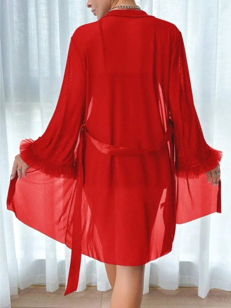 Women 3 Piece Red Sexy Lace Robe Sheer Temptation Lingerie Set Black Slip Dress With Gauze Coat and Belt Erotic Sleepwear Suit Khamik Shop Online