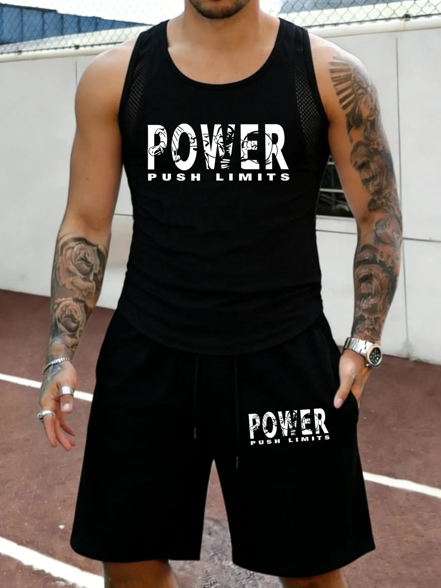 Power Push Limits Pattern Summer Fitness Mesh Vest Set Man Classic Pocket Shorts Quick Dry Running Sportswear Sport Short Pants Khamik Shop Online