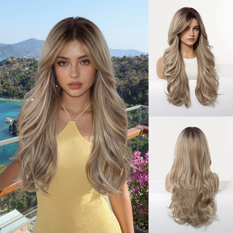 LOUIS FERRE Long Wavy Ombre Brown Wig with Bangs Synthetic Hair Wig Heat Resistant Daily Wear Office Party Cosplay Halloween Khamik Shop Online