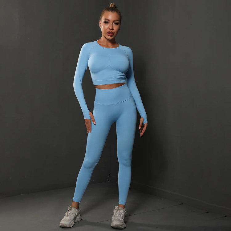 2Pcs Women Sets Energy Seamless Gym Suits Bubble Butt Sports Pants+Long Sleeve Shirts Push Up Running Sets Tracksuits Tights Set Khamik Shop Online