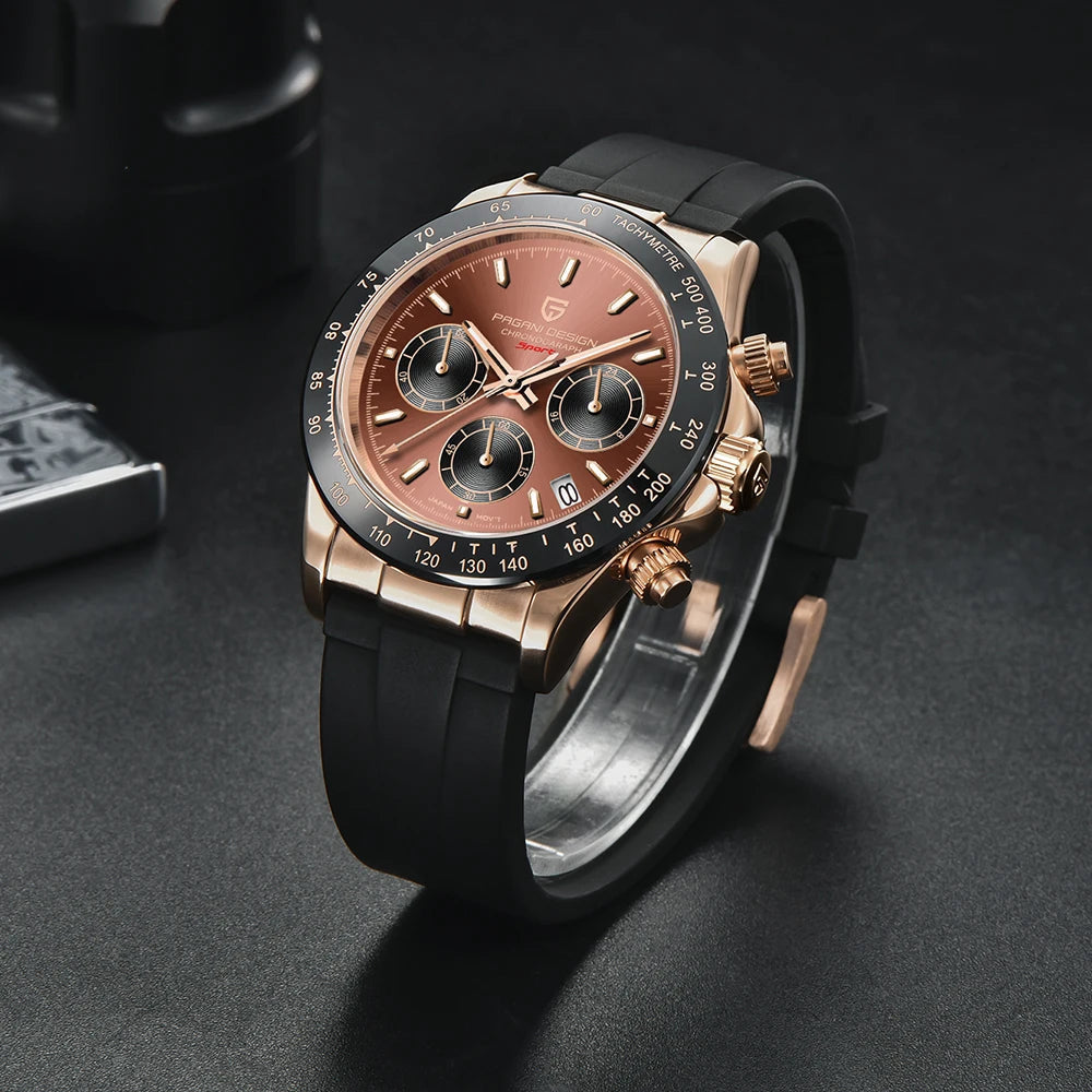 PAGANI DESIGN Men Quartz Chronograph Watch RoseGold Case Black Ceramic Bezel Brown Dial Rubber Strap Waterproof Sports watch+box Khamik Shop Online