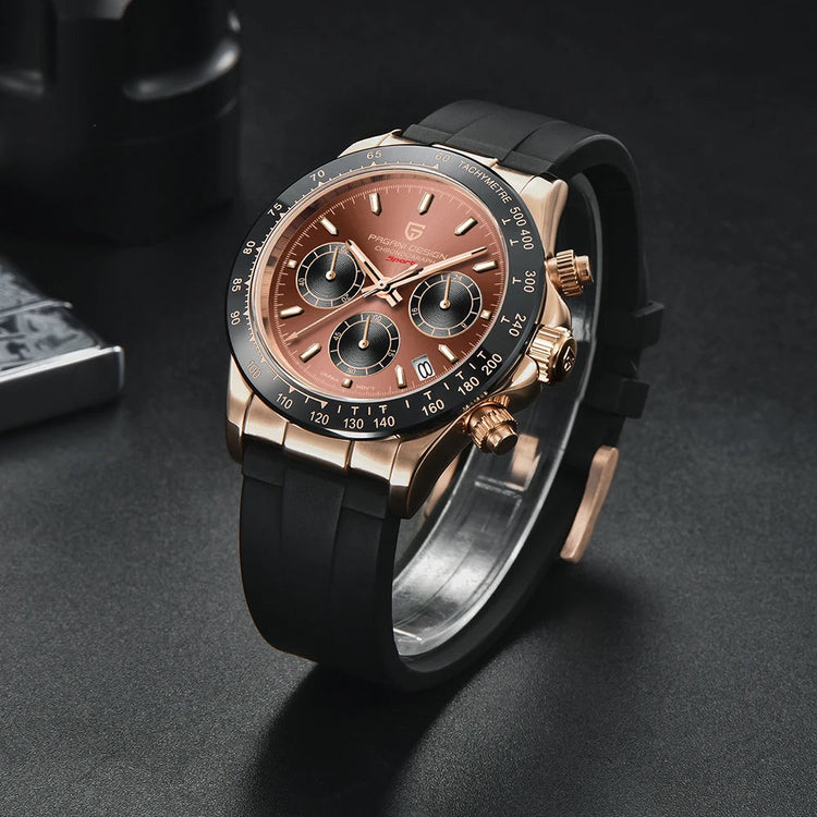 PAGANI DESIGN Men Quartz Chronograph Watch RoseGold Case Black Ceramic Bezel Brown Dial Rubber Strap Waterproof Sports watch+box Khamik Shop Online