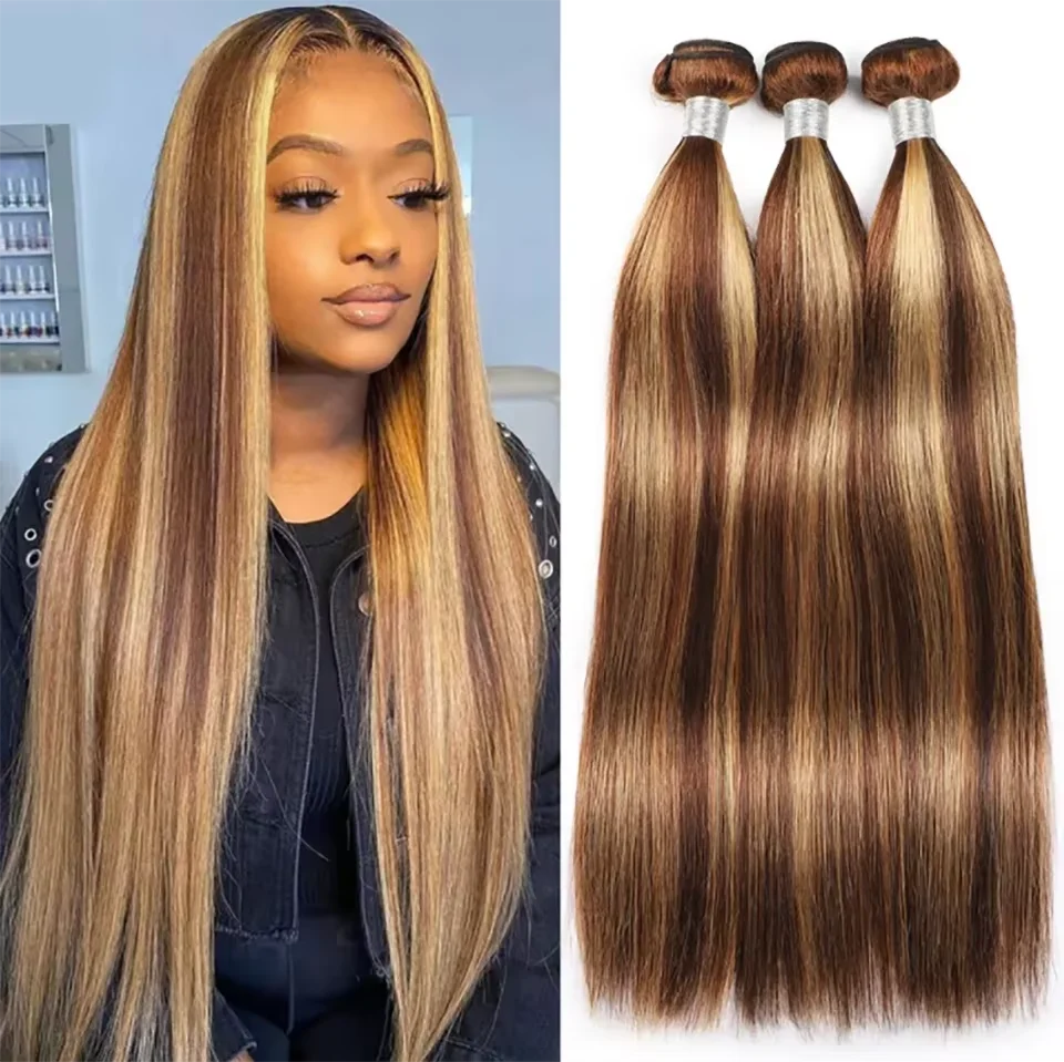 Human Hair Weaves Highlight Straight 1/3 Bundles P4/27 Honey Blonde Brown For Women Brazilian Straight Bundles Human Hair Virgin Khamik Shop Online