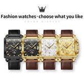 OLEVS brand mens watches waterproof Leather strap chronograph quartz watch for man date gold square dial genuine male wristwatch Khamik Shop Online