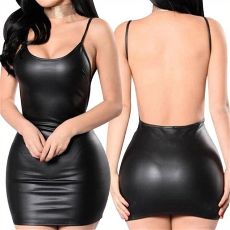 Sexy Faux Leather Dress Backless Club Party Short Dress Solid Black Wet Look Latex Bodycon Push Up Bra Mini Micro Dress Khamik Shop Online