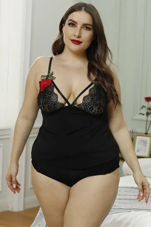 Plus Size Floral Embroidery Lace Cami Set Jade