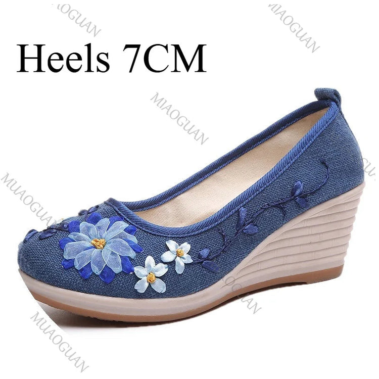 Embroidered Women Comfort Wedge Platform Shoes Fashion Bowknot Ladies High Heels Pumps Vintage Ethnic Female Heeled  Footwears Khamik Shop Online