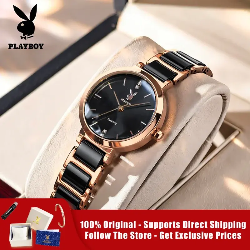 PLAYBOY 3128 Brand original authentic watch for woman Gift Box Ceramic strap quartz women&