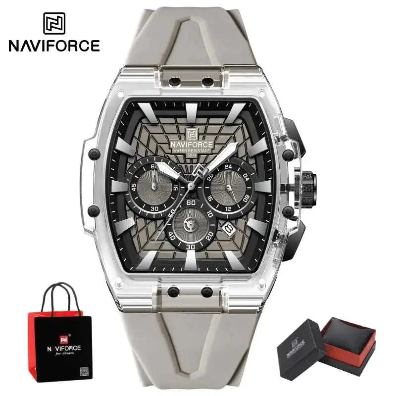 NAVIFORCE Mens Sport Watches 5ATM Waterproof Chronograph Tonneau Silicone Strap Luminous Casual Quartz Male Wristwatch Gifts box Khamik Shop Online