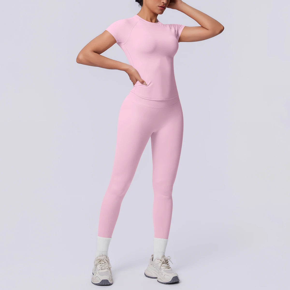 Rooftrellen New 2PCS/set Yoga Set Summer Quick Drying Fitness Sports Workout Top T-Shirt High Stretch Seamless Yoga Leggings Set Khamik Shop Online