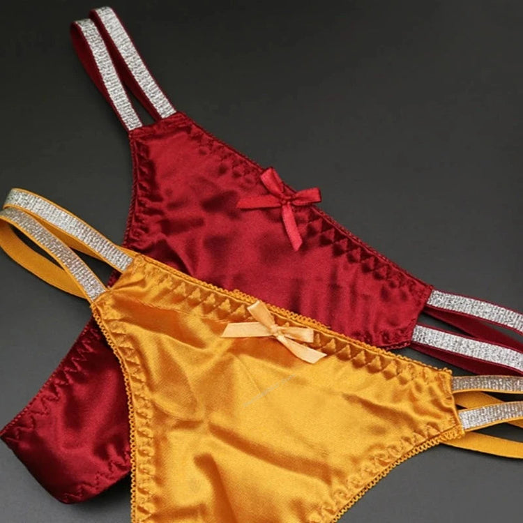 Sexy Silk Satin Thongs Hollow Out Fashion Solid Color Panties Cotton Crotch Low Waist Breathable Pure Color Women&